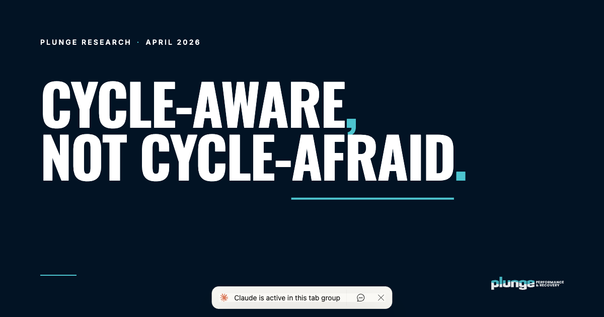 Editorial typographic hero with headline reading 'Cycle-aware, not cycle-afraid.' and Plunge Research, April 2026 eyebrow text.