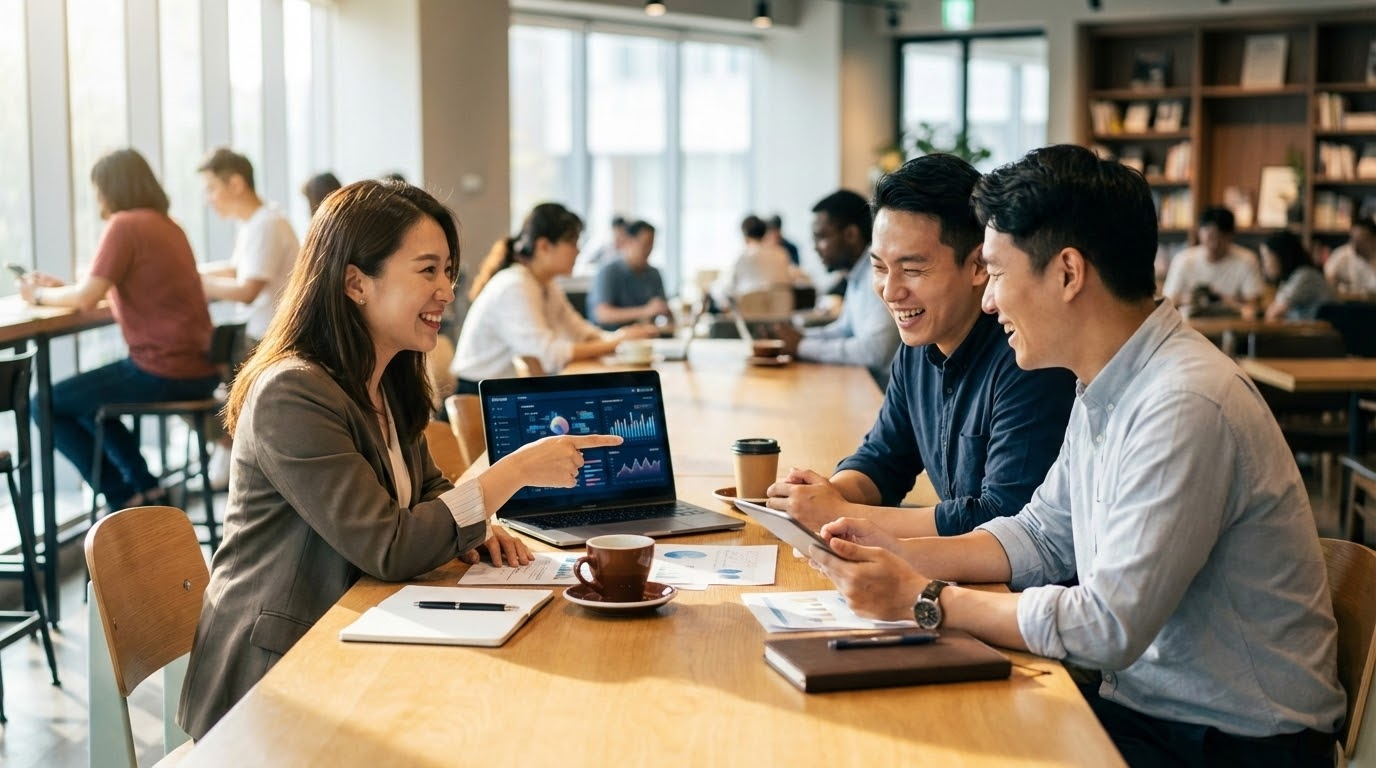 ภาพอธิบายกราฟิกที่แสดงถึงการใช้ AI ในกระบวนการสรรหาบุคลากร โดยมีผู้เชี่ยวชาญด้าน HR และเทคโนโลยี AI ทำงานร่วมกัน