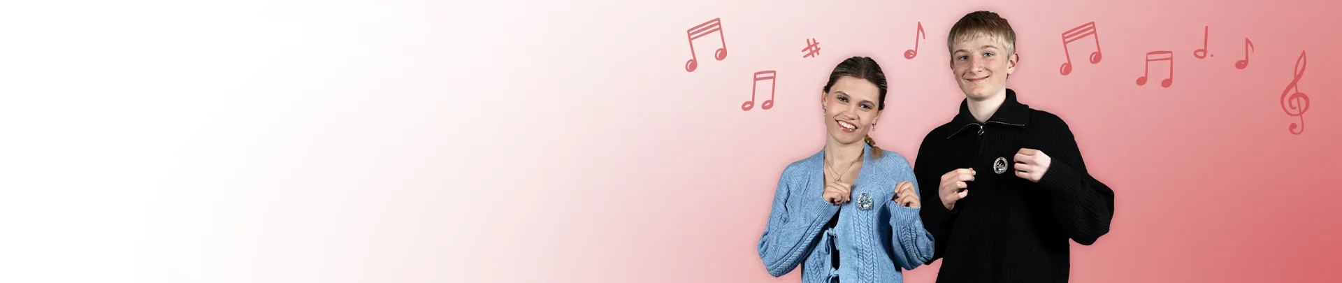 Musikerleistungsabzeichen Kiefersfelden - MON:
Zwei Jugendliche vor rotem Verlauf mit Notensymbolen. Beide zeigen stolz ihr Leistungsabzeichen am Pullover.