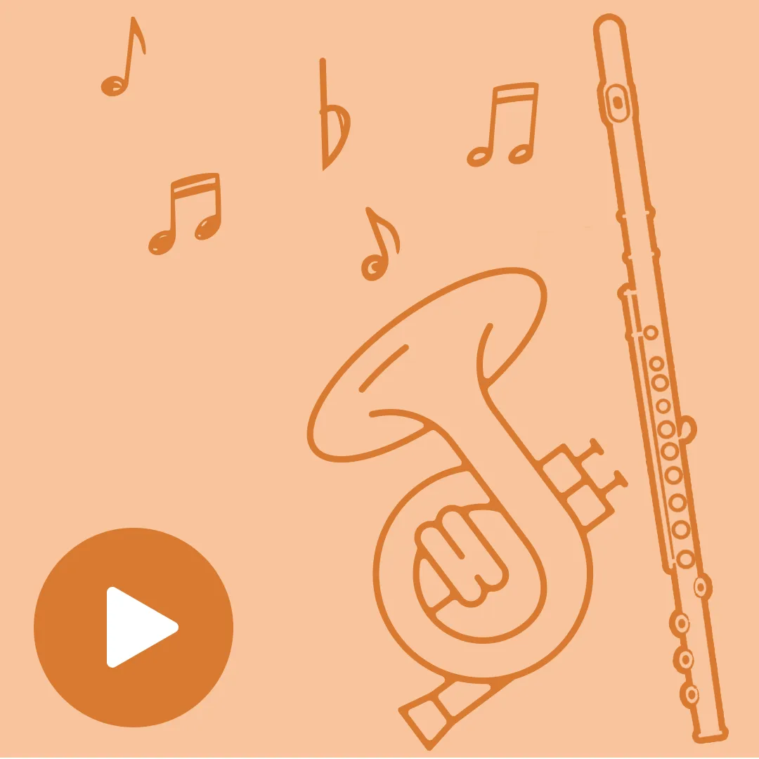 Ein Waldhorn und eine Querflöte auf blauem Hintergrund mit Notensymbolen. Unten links befindet sich ein Play-Symbol.