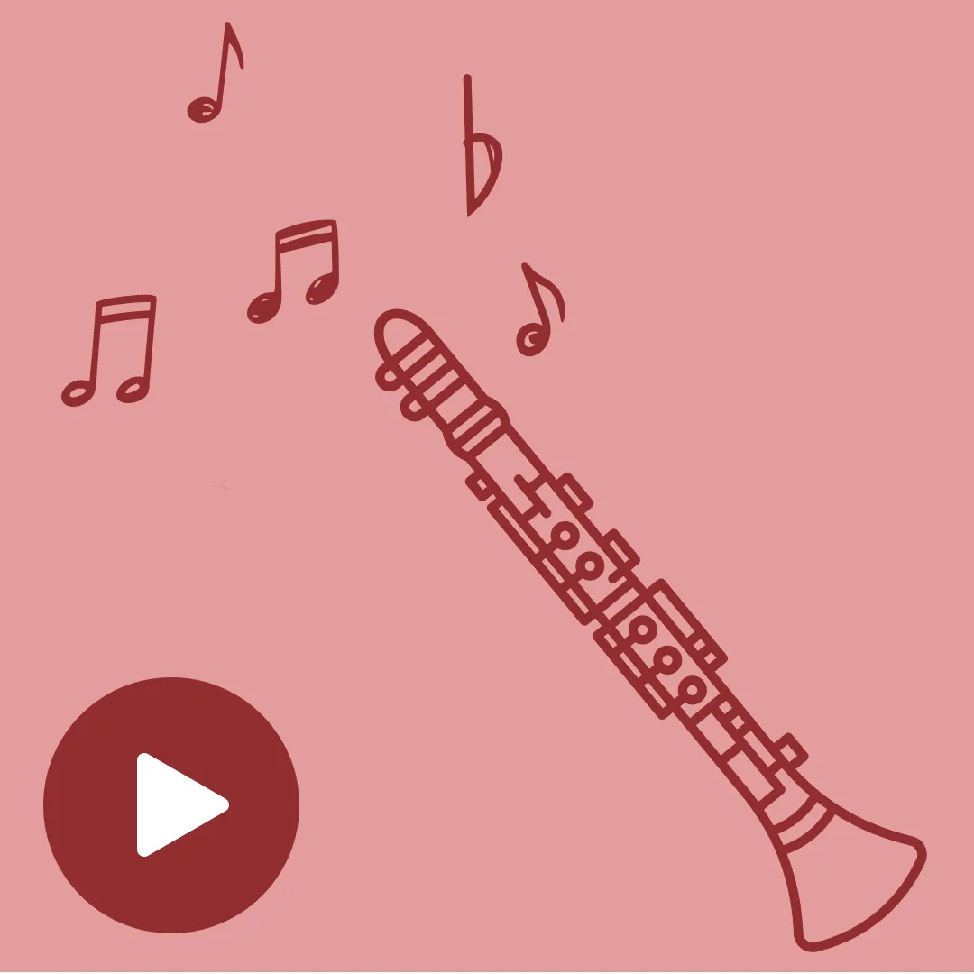 Eine Klarinette auf rotem Hintergrund mit Notensymbolen. Unten links befindet sich ein Play-Symbol.
