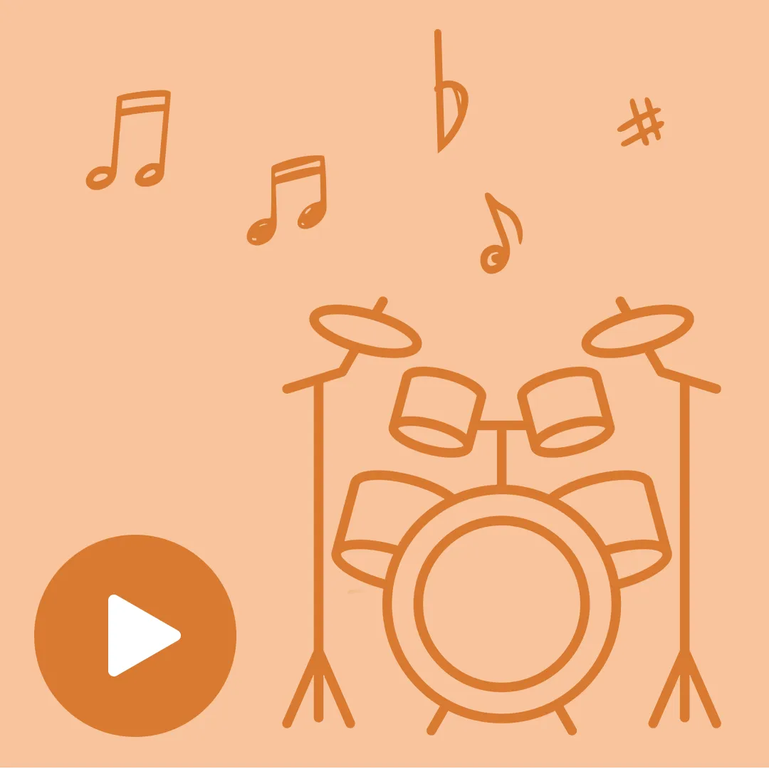 Ein Schlagzeug auf orangem Hintergrund mit Notensymbolen. Unten links befindet sich ein Play-Symbol.