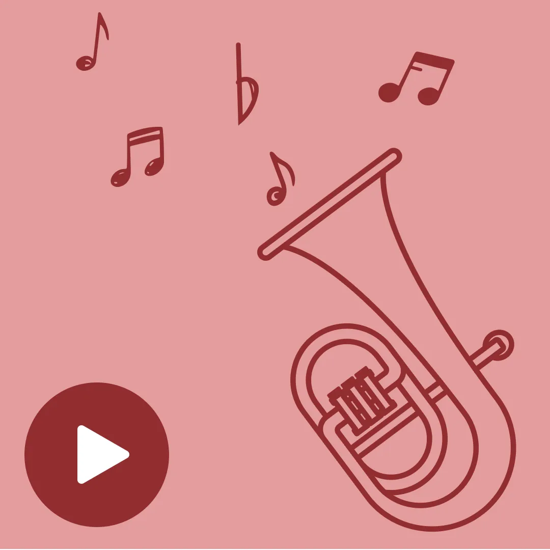 Ein Tenorhorn auf grünem Hintergrund mit Notensymbolen. Unten links befindet sich ein Play-Symbol.
