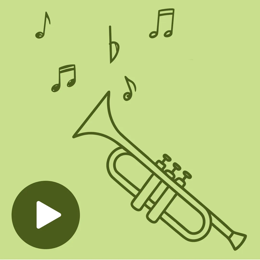 Eine Trompete auf rotem Hintergrund mit Notensymbolen. Unten links befindet sich ein Play-Symbol.