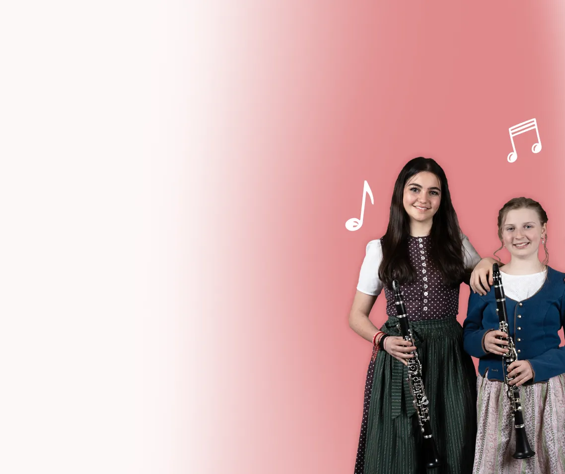 Veranstaltungen Jugendkapelle Kiefersfelden:

Zwei Mädchen vor rotem Verlauf mit Notensymbolen. Beide halten eine Klarinette und lächeln in die Kamera.