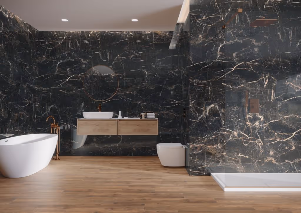 minimalistic black and wooden bathroom