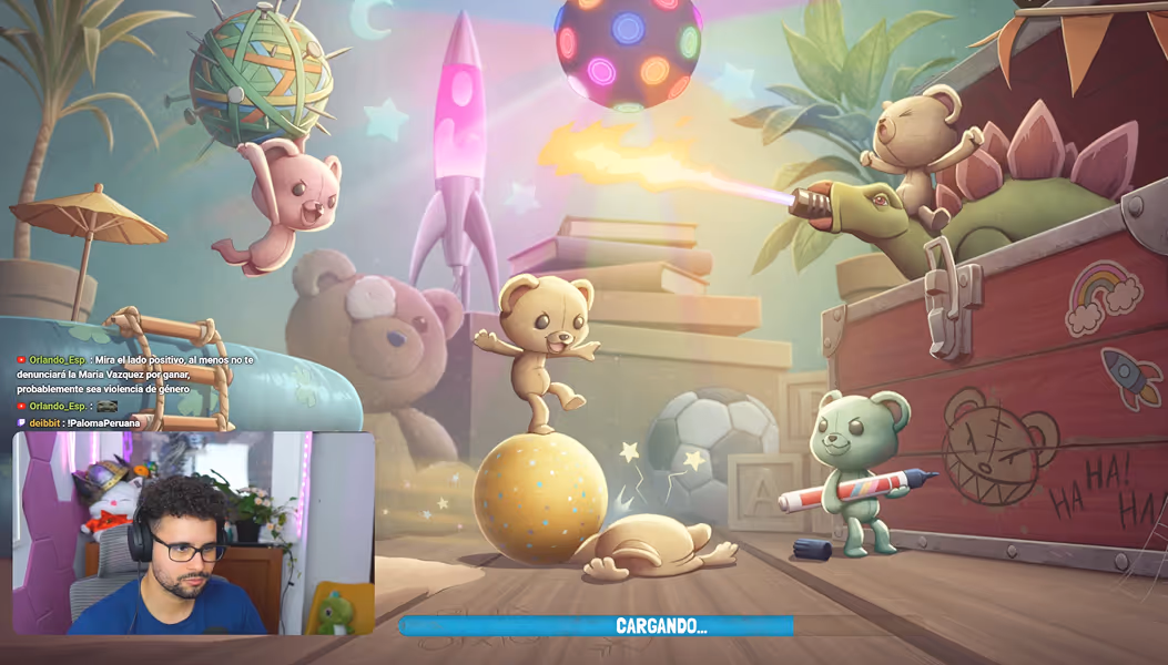 A cartoon of a teddy bear with a rocket ship in the background.