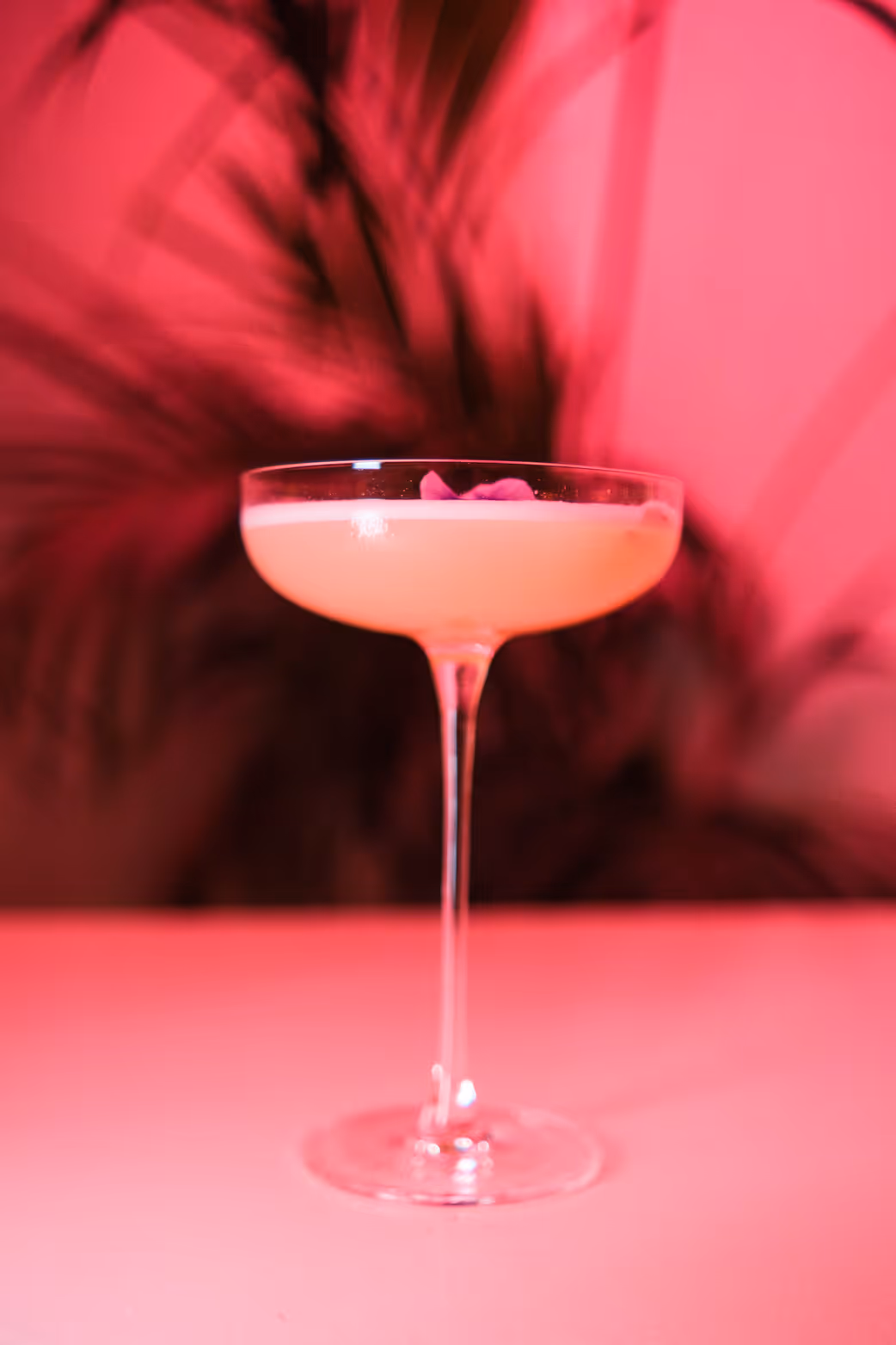 Madame Mocktail Lemon Drop Martini being poured into an elegant glass on a pink background