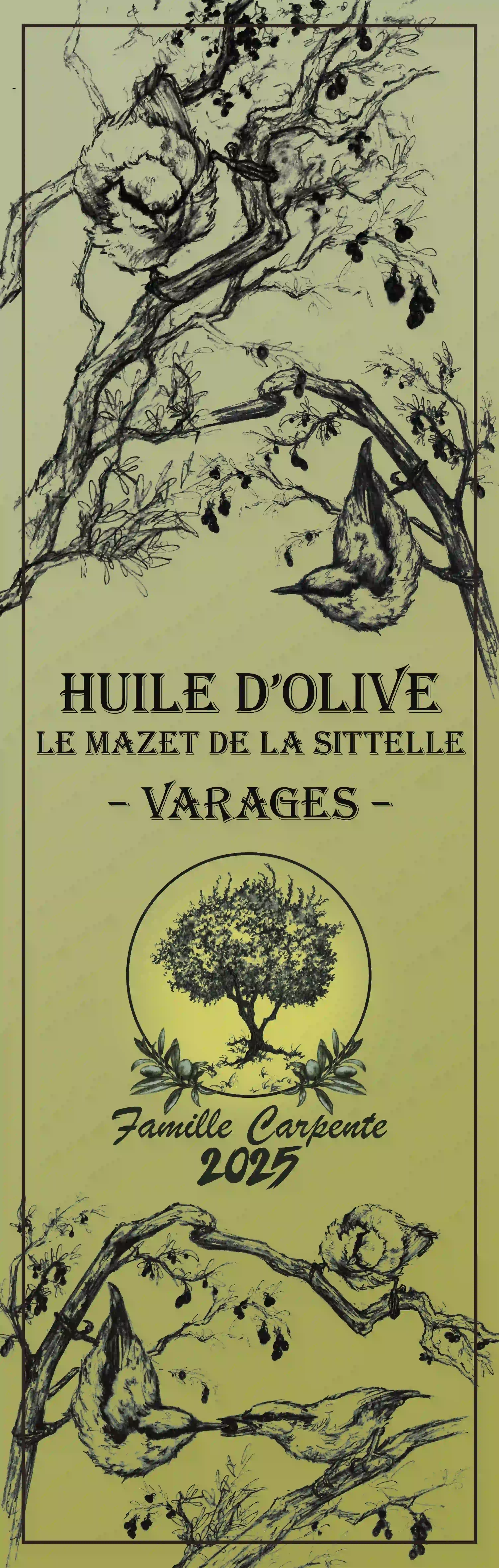 Etiquette de bouteille d'huile d'olive réalisée par Carla (grand format).