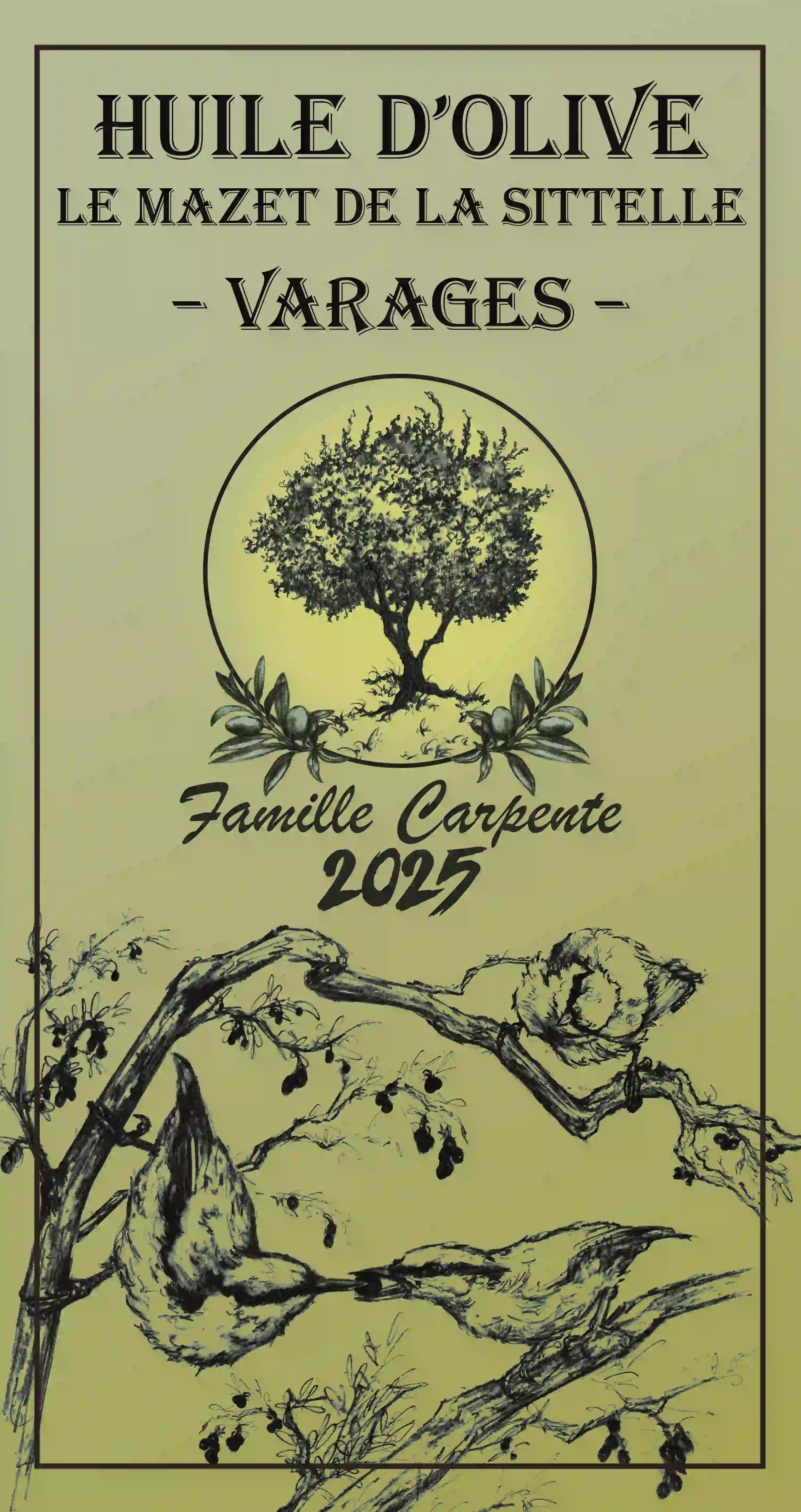 Etiquette de bouteille d'huile d'olive réalisée par Carla (petit format).
