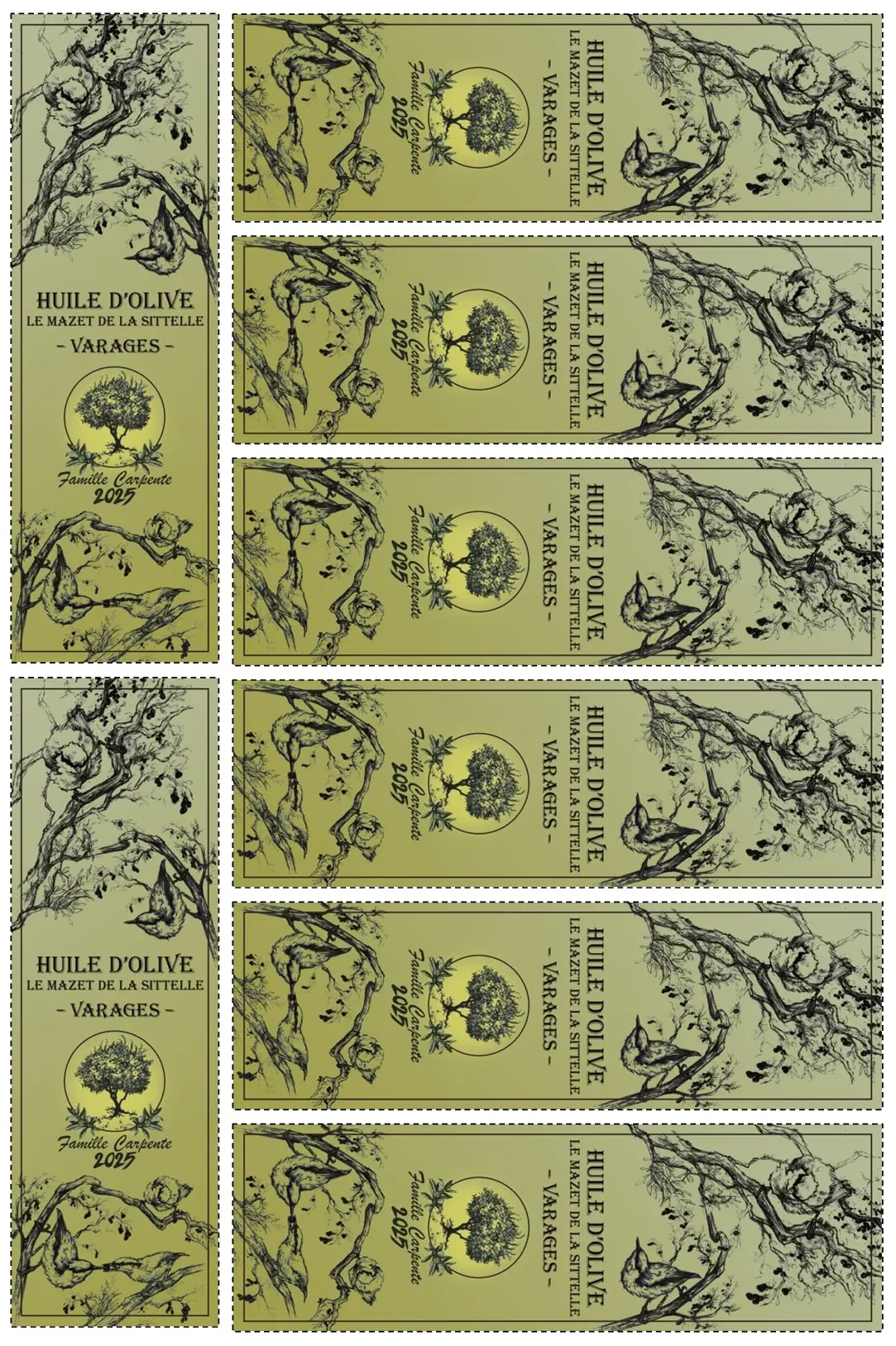 Planche d'étiquettes de bouteille d'huile d'olive réalisée par Carla (grand format).