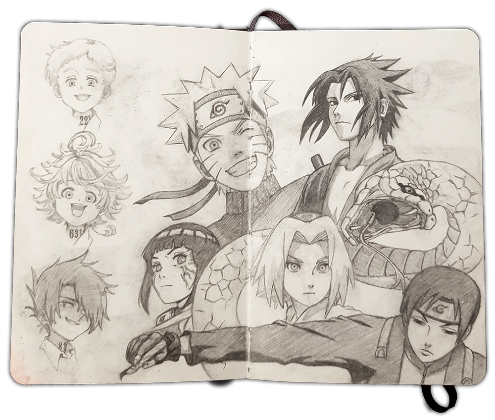 Croquis de personnages de l'univers de Naruto et Promised Neverland par Carla.