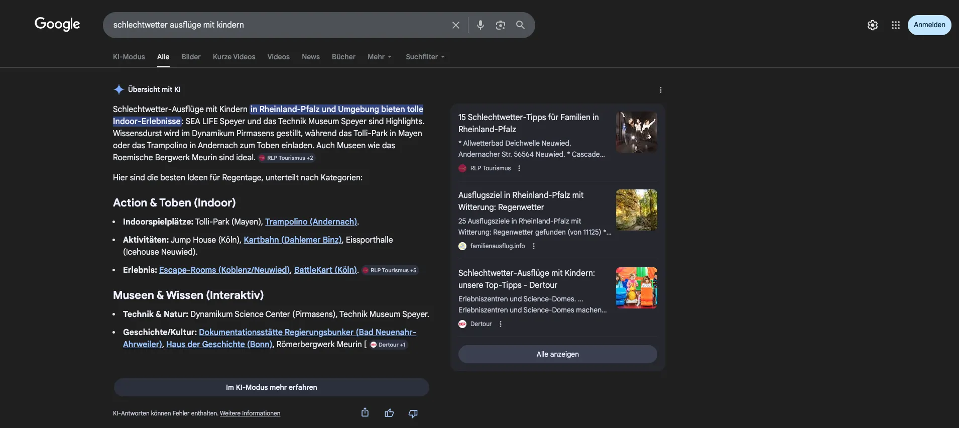 GEO Erfolge - Rlp-tourismus.com in den KI-Suchergebnissen auf Platz 1 zu Veranstaltungen