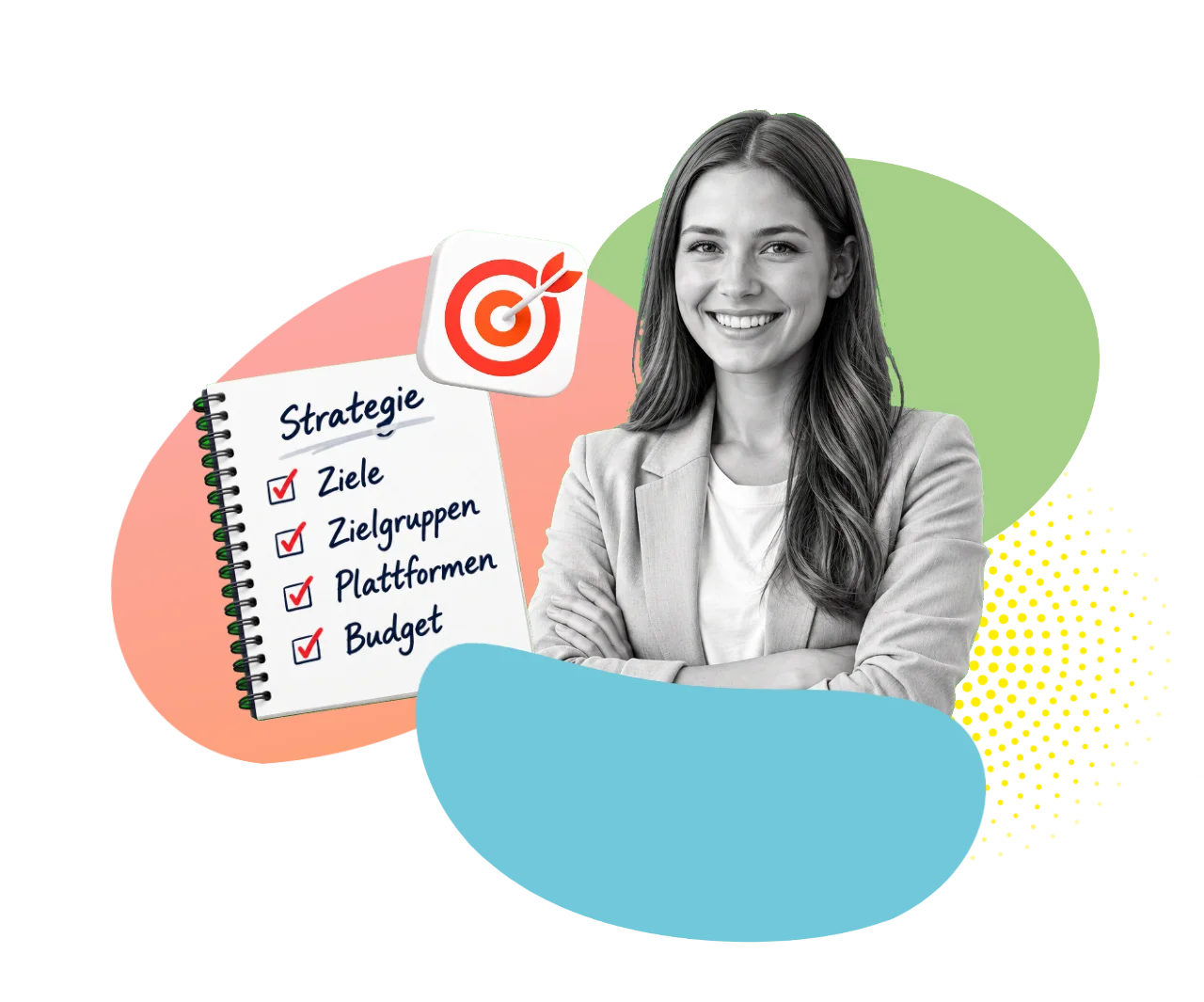 Liste mit dem Titel Strategie mit fünf abgehakten Punkten: Ziele, Zielgruppen, Content, Kanäle, Erfolg; daneben ein Zielscheibensymbol mit einem Mauszeiger darauf.
