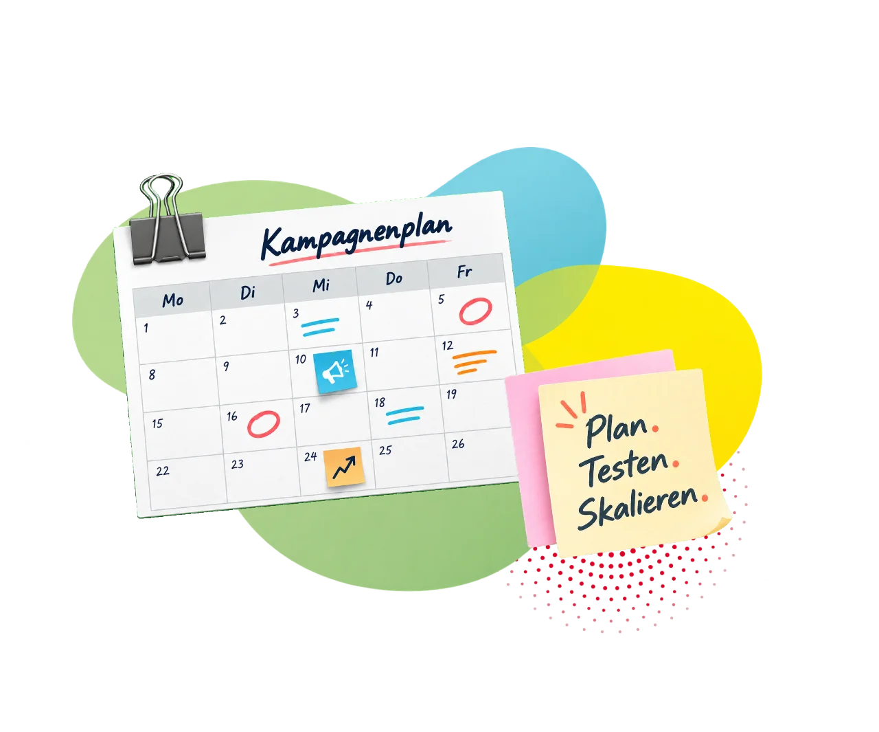 Vergleichstabelle von sechs Social-Media-Plattformen: Instagram, Facebook, LinkedIn, TikTok, Pinterest und YouTube, bewertet nach Zielgruppe, Format, Ressourcen und Ziel mit farbigen Punkten.