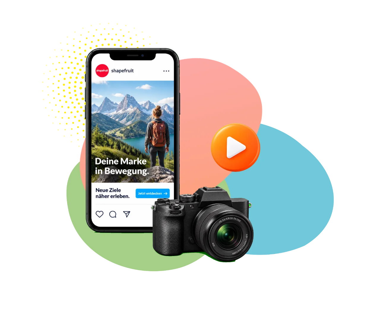 Smartphone zeigt Instagram-Profil von 'shapefruit', einer Marketingagentur mit 12,4K Followern, Strategie-, Insights- und Team-Highlights; daneben Liste für Profil-Setup mit Punkten: Rechtliche Angaben, Profil & Handle, Markengrafiken, SEO & Keywords, Highlights & Features.
