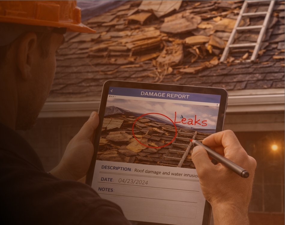 man documenting roof damages