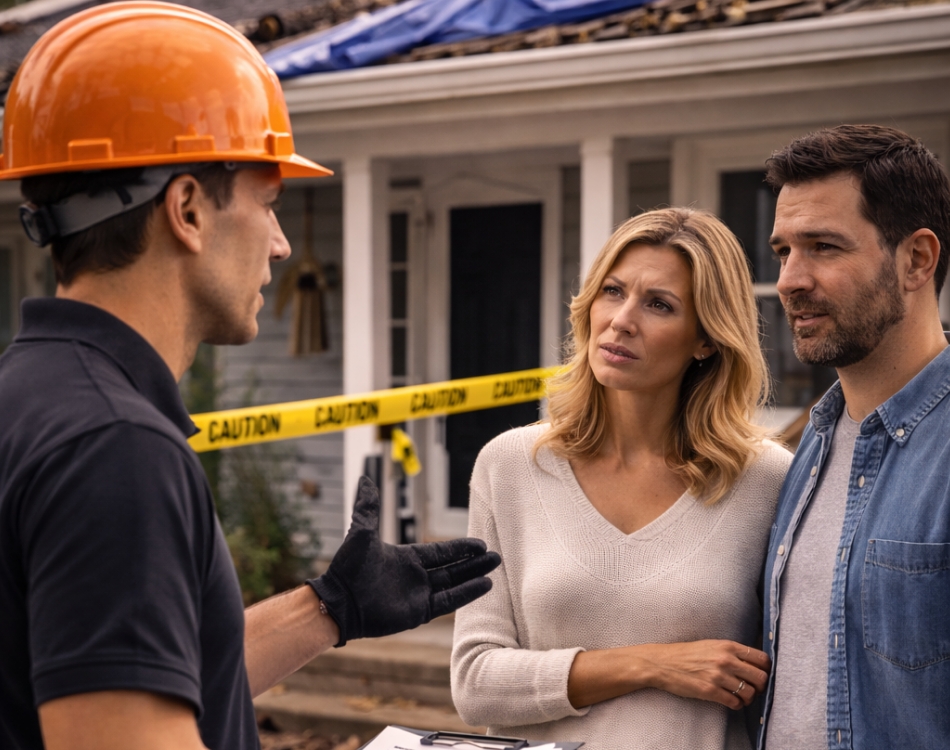 man talking to a couple outside their home
