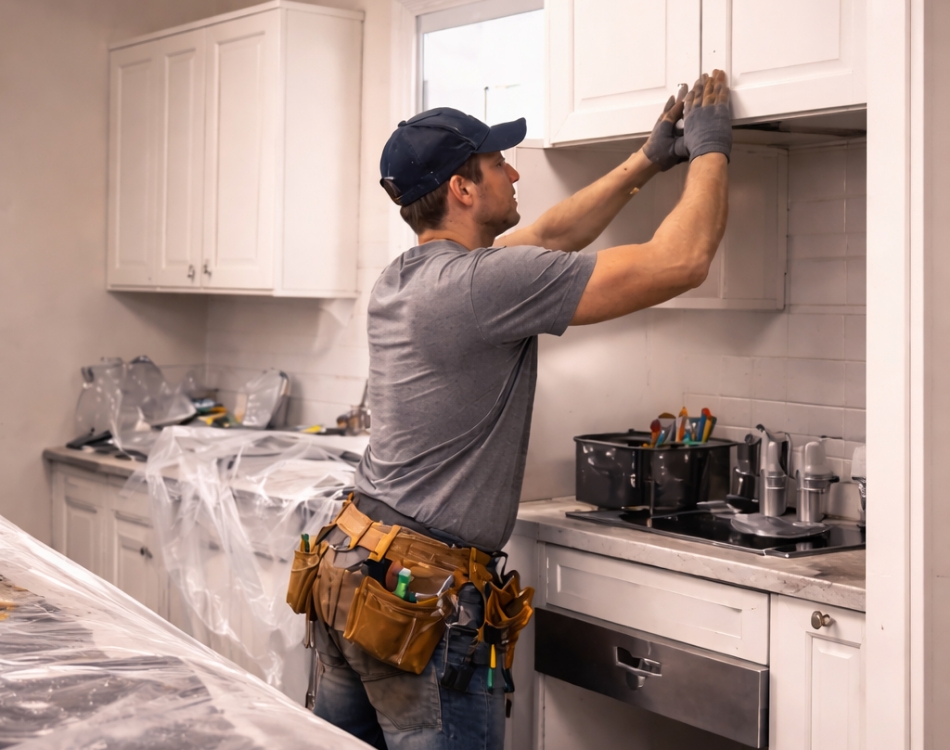 man fixing cabinets in kitchen