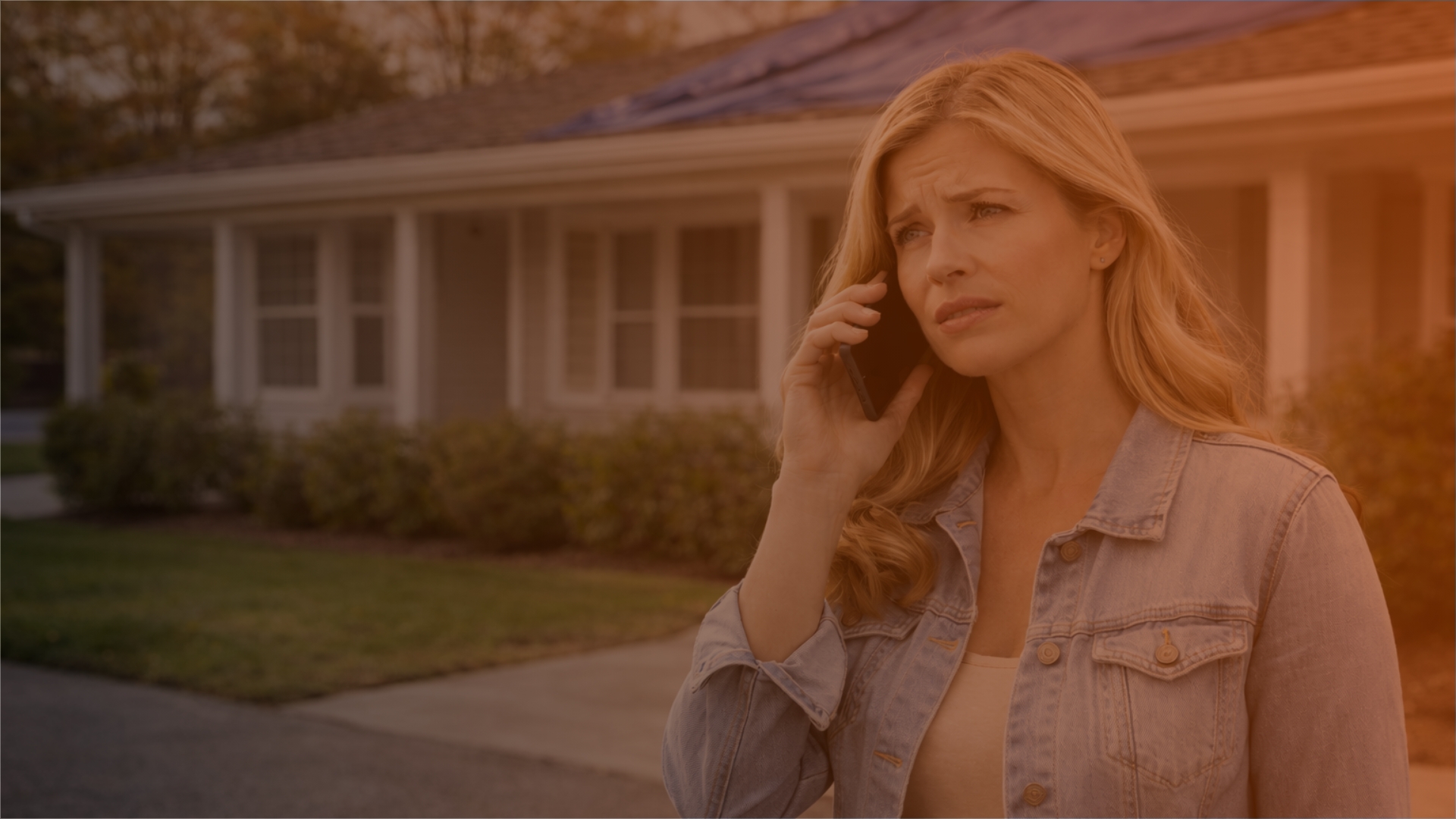 Girl on phone in front of a hailed on house