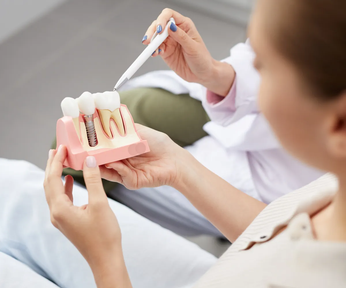A person holds a dental model while a dentist points with a tool.