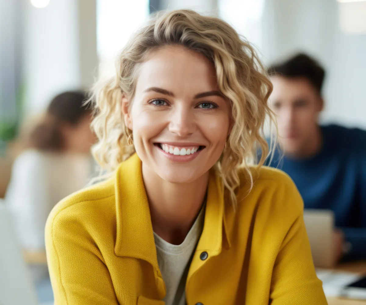 A woman with curly hair and a bright smile wears a yellow jacket indoors.