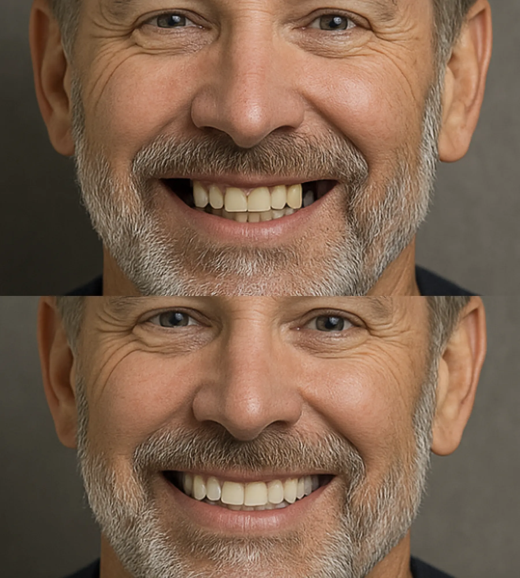 A man is smiling, showing his teeth, in two close-up images for a dental advertisement.