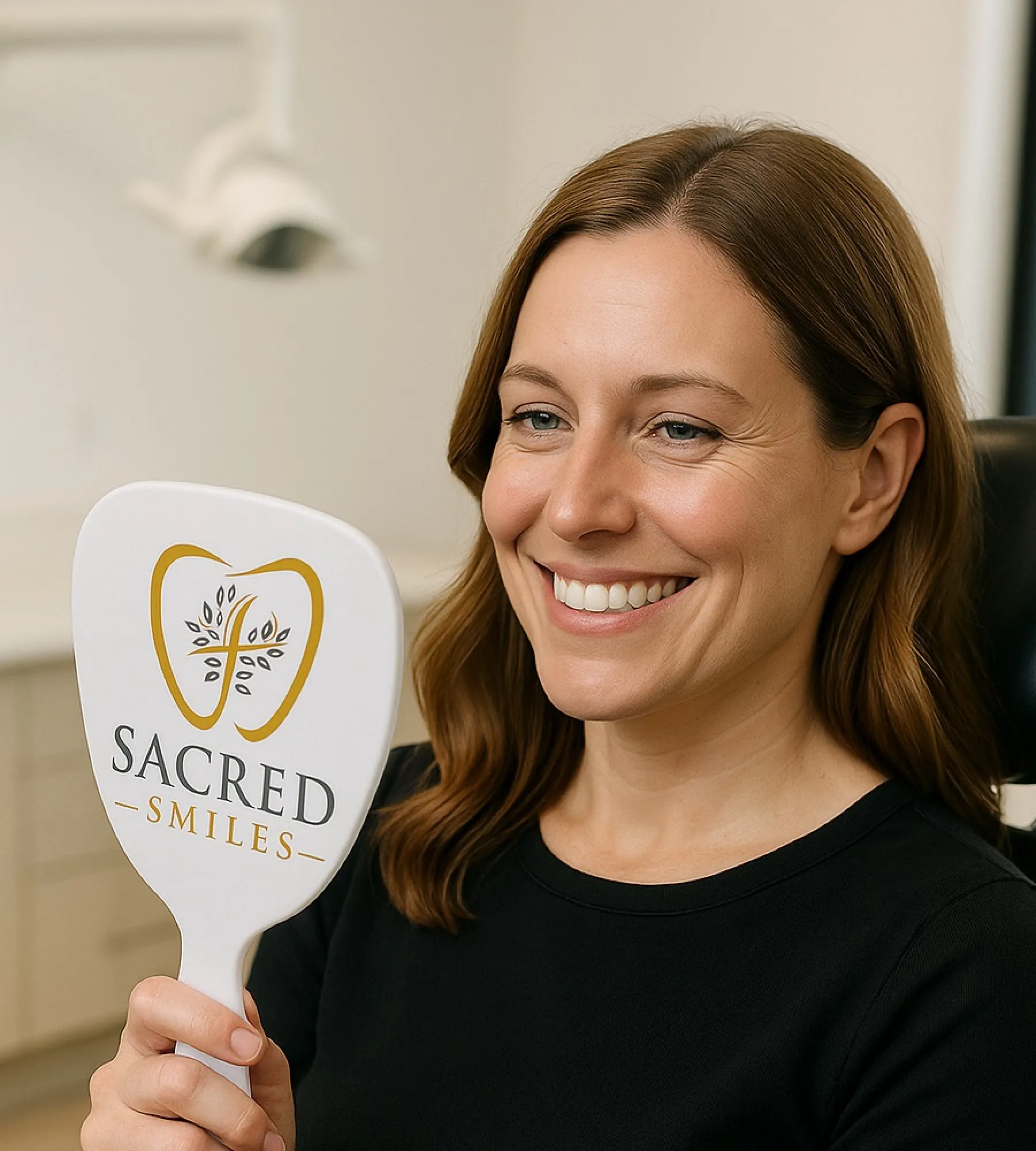 Smiling woman holding a Sacred Smiles mirror in a dental office.