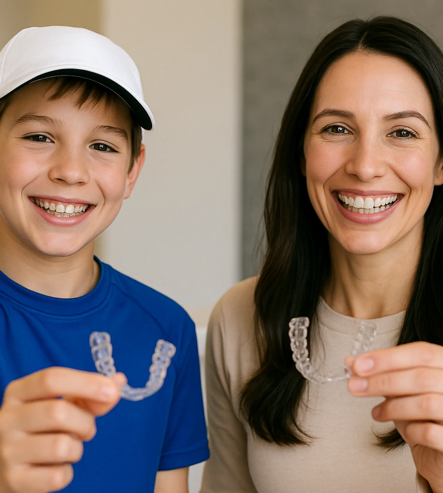 A woman and a boy smiling, holding clear aligners in their hands.