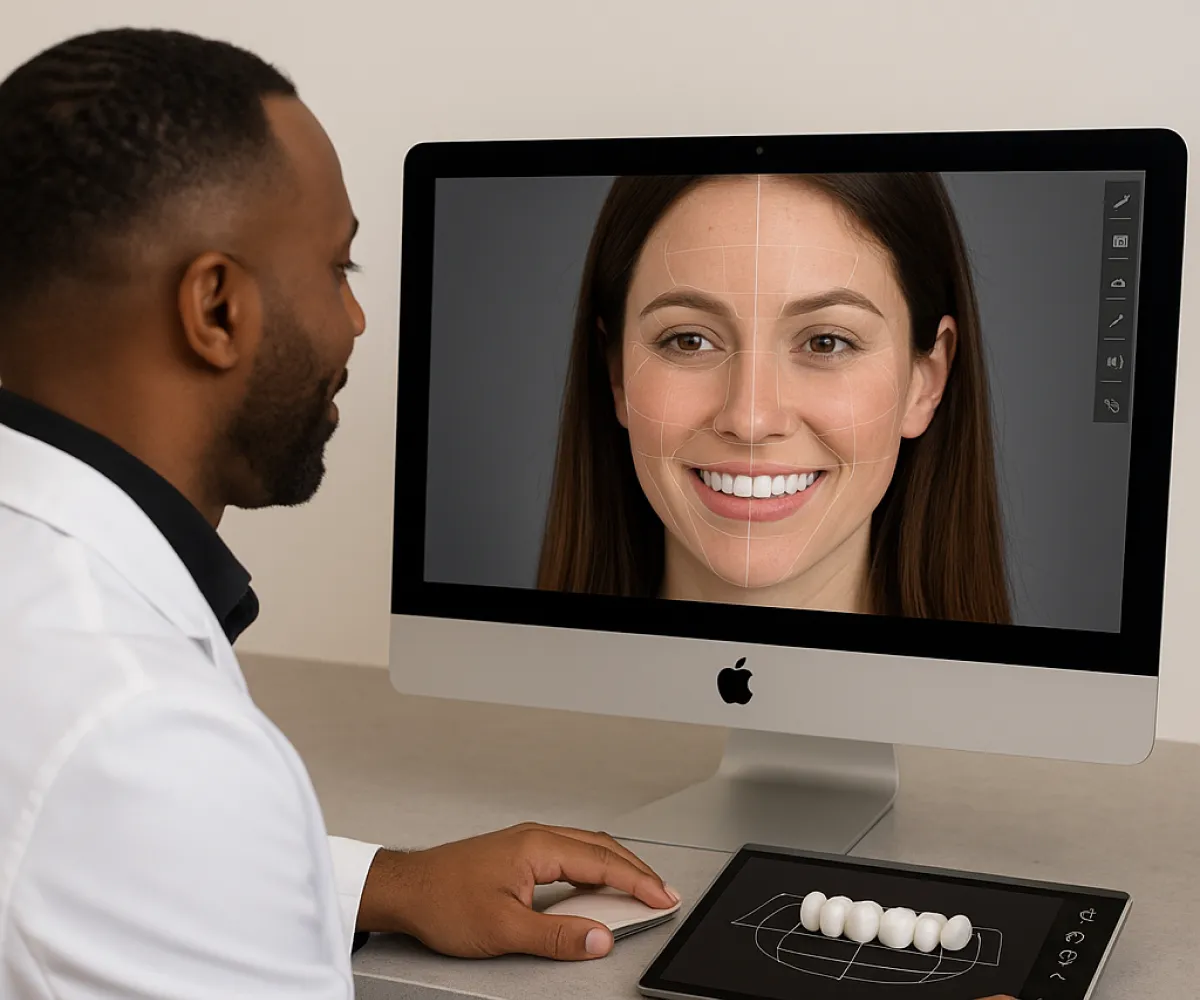 A man in a white coat analyzes a woman's facial features on a computer screen.