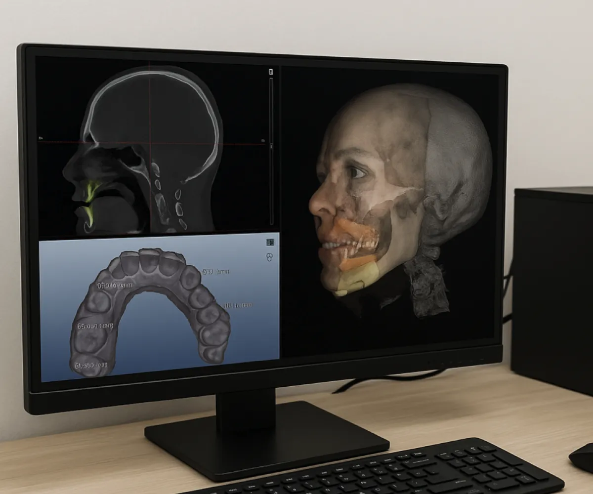 Computer screen displaying 3D medical images of a human skull and jaw on a wooden desk.