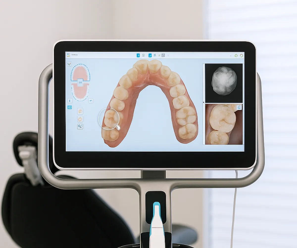 Dental imaging screen showing 3D model of teeth and close-up tooth images in a dentist's office.