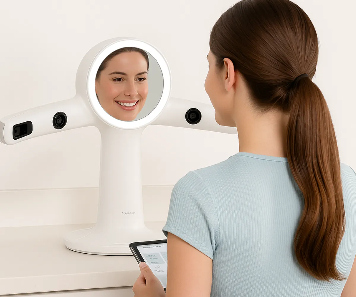 A woman uses a smart mirror while holding a smartphone, reflecting her smiling face.
