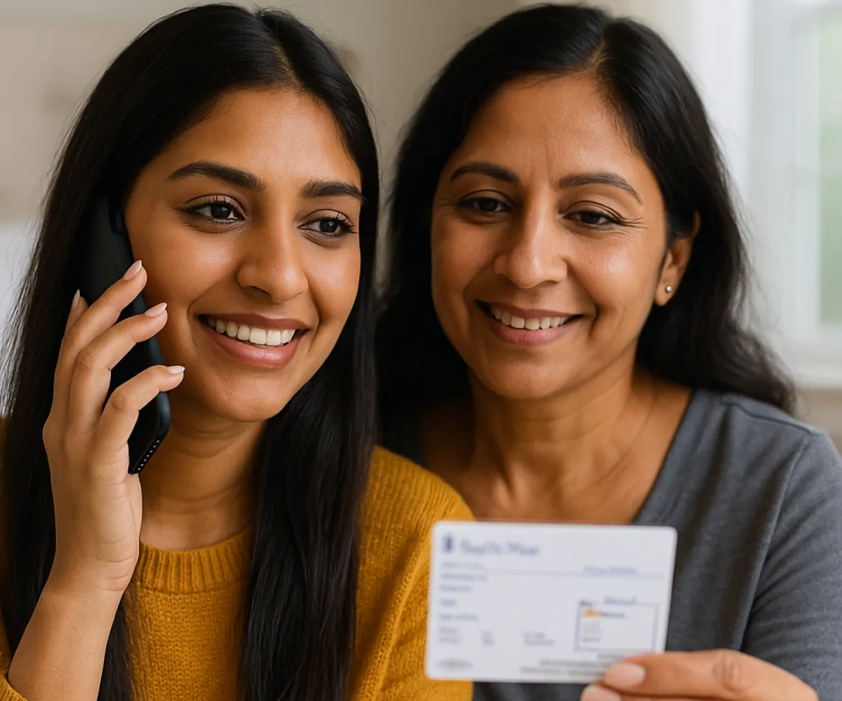 Two women smiling; one holds a phone, the other holds an ID card, as they sit together.