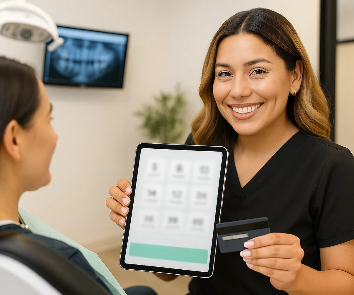 A dental hygienist shows a patient a digital tablet and a credit card in a clinic.