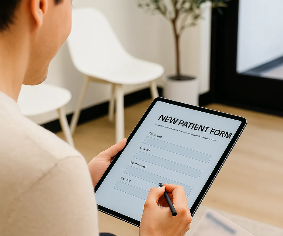 A person fills out a new patient form on a tablet using a stylus.