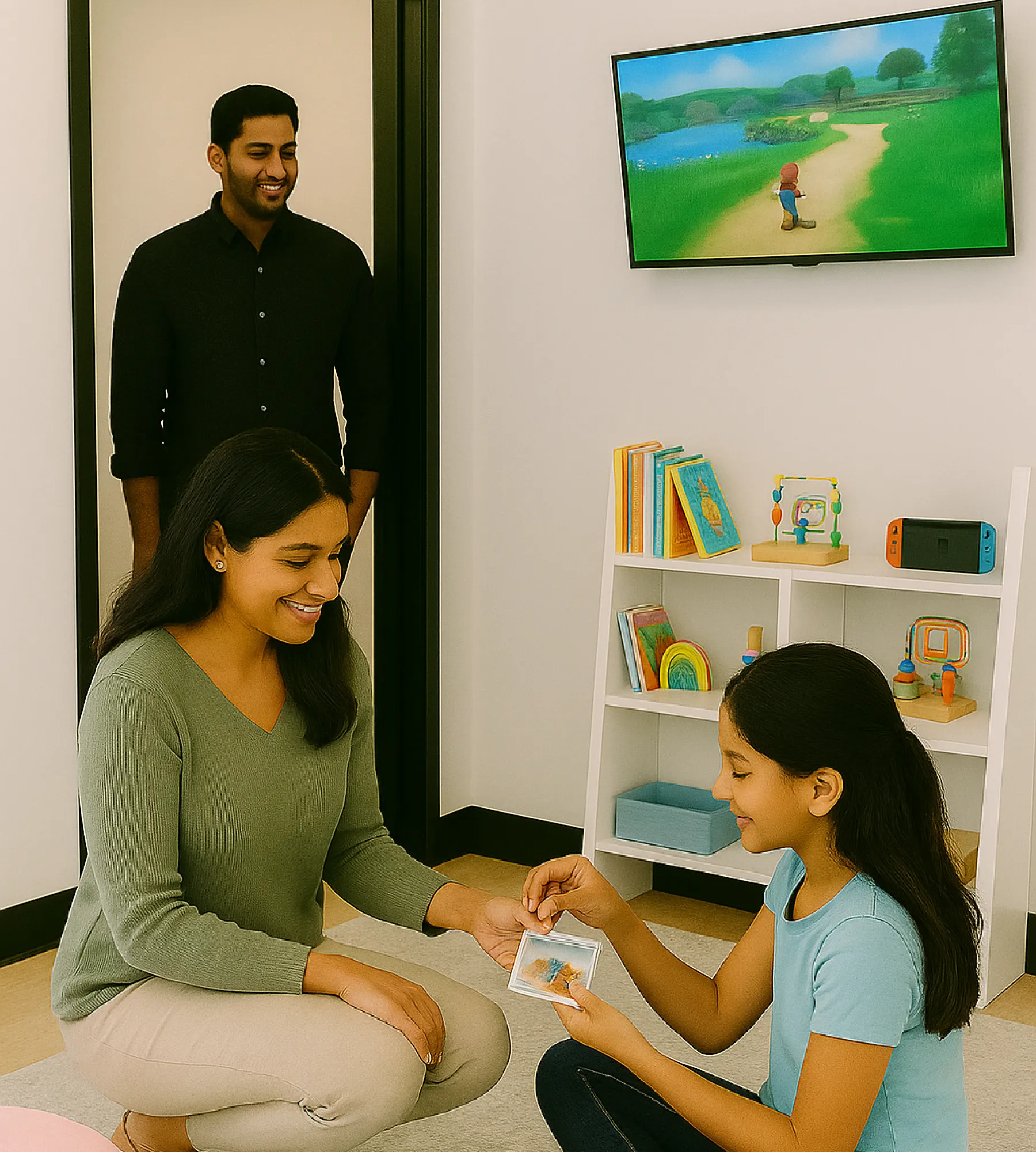 A woman helps a child with a card while a man watches in a room with a screen.