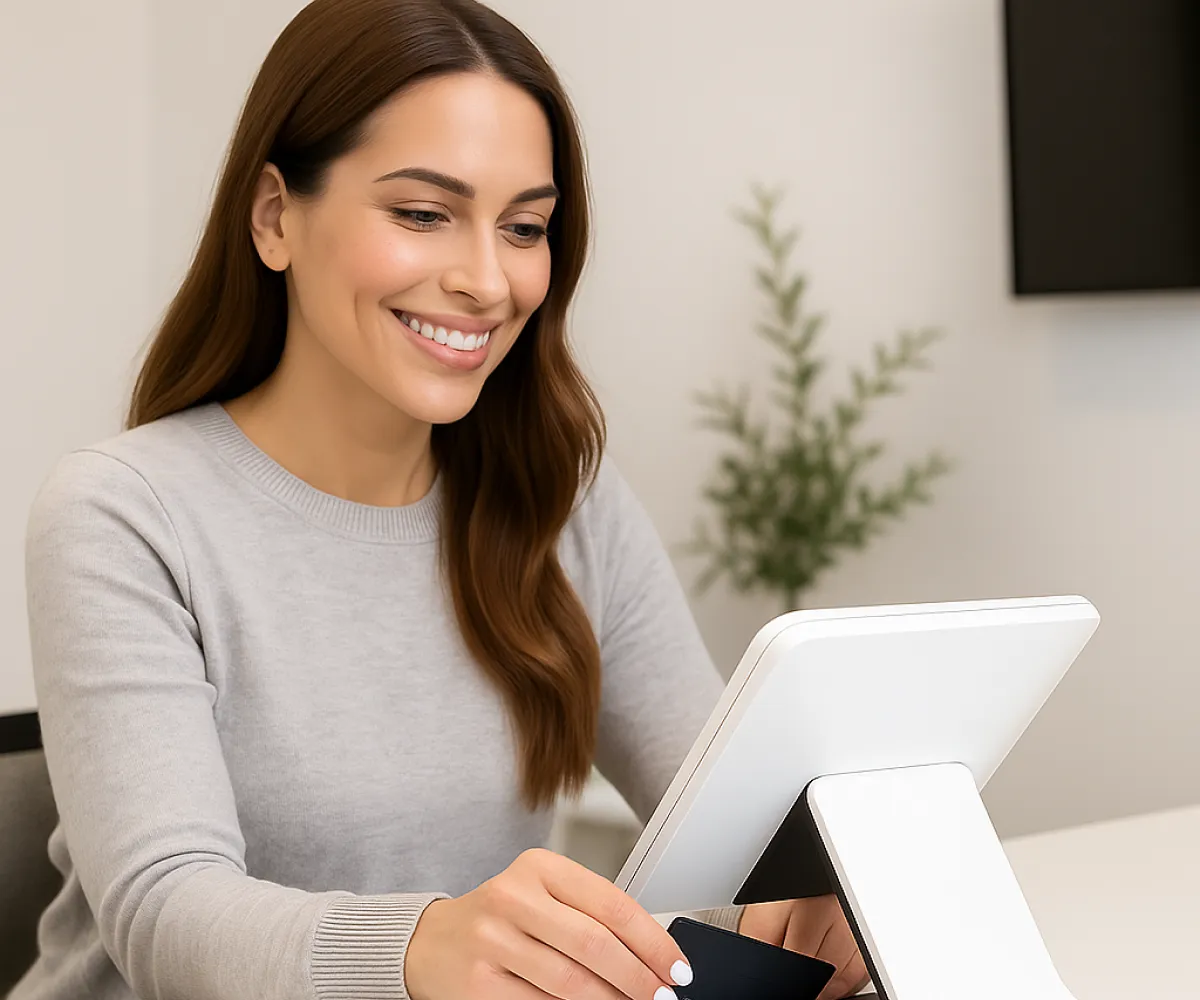 A woman smiling while using a tablet device on a stand.