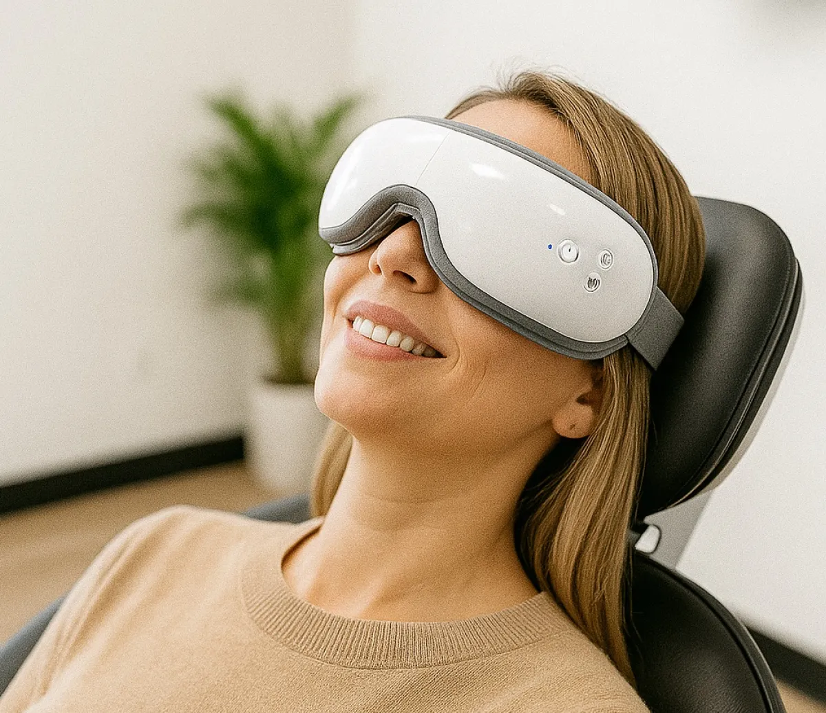 A woman wearing a relaxation mask sits comfortably in a chair, smiling.
