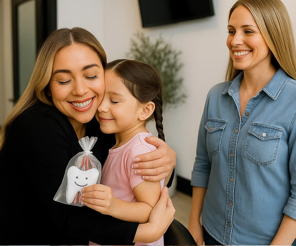 A woman hugs a smiling girl holding a tooth-shaped gift. Another woman stands nearby, smiling.