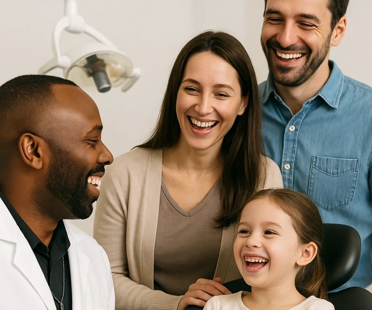 A dentist and a family of three share a joyful moment in the dental office.