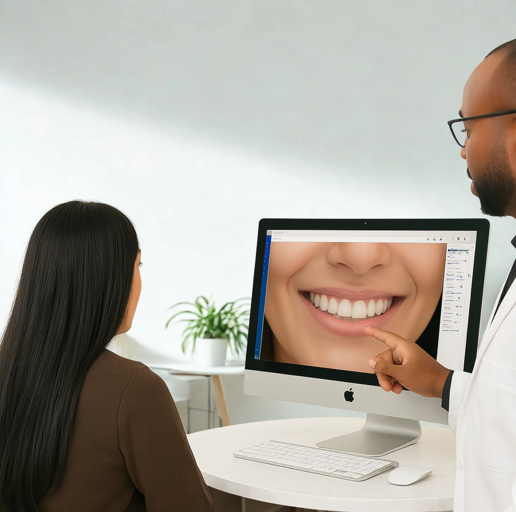 A dentist shows a close-up of teeth on a computer screen to a patient.