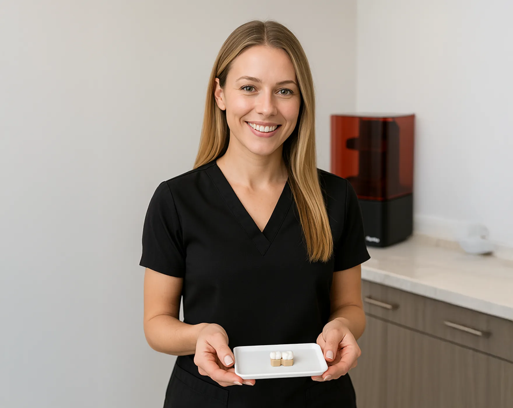 Smiling woman in black uniform holding a small tray with dental items in a clinic setting.