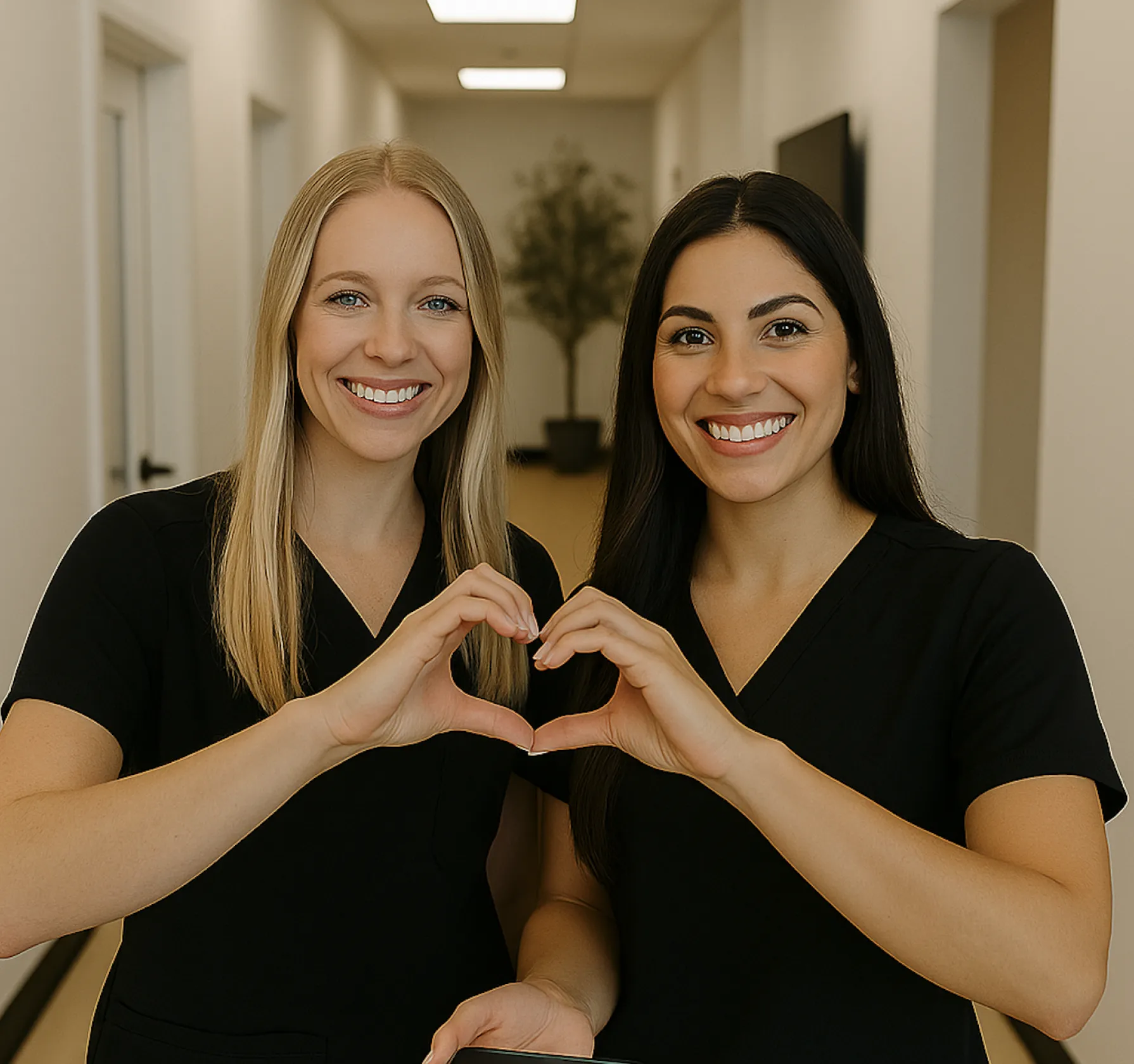 Two smiling women in black shirts form a heart shape with their hands.