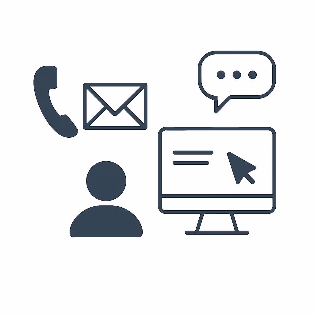 Icons representing communication channels: phone, email, chat, user support, and online help.