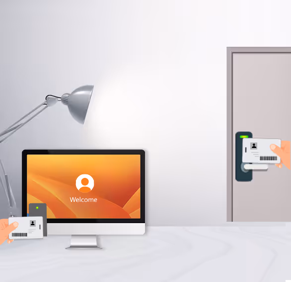 Employee using the same ID badge for secure door entry and passwordless workstation login — seamless physical and logical access.