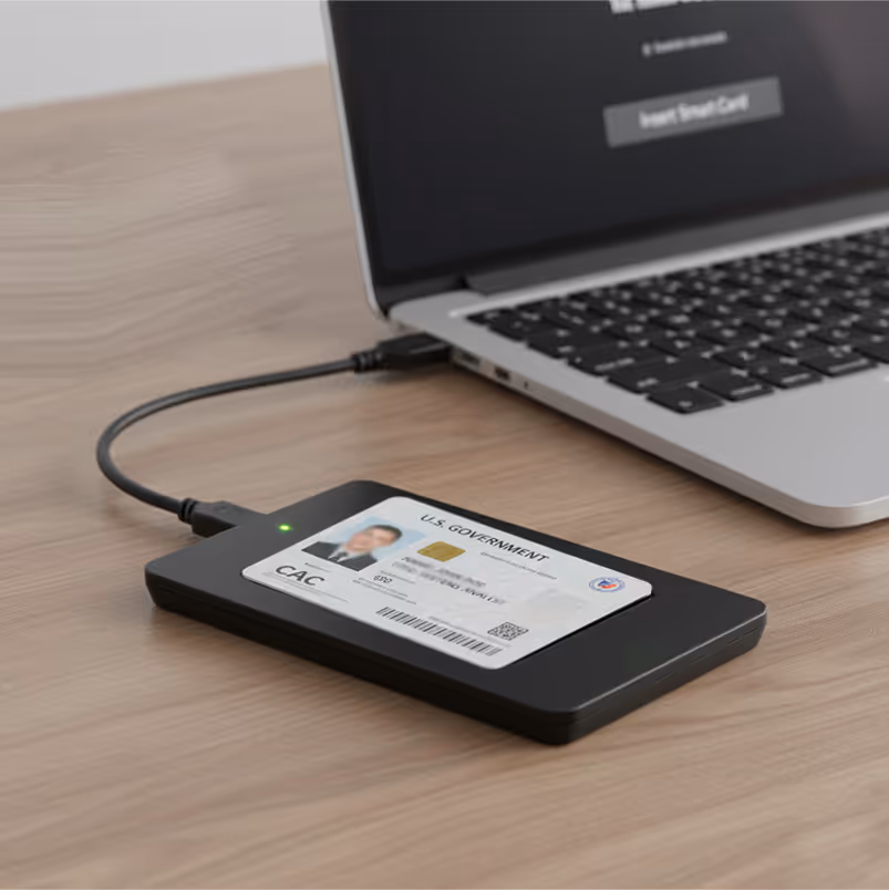 A laptop connected to a smartcard reader holding a U.S. Government CAC card, illustrating secure, phone-free authentication for federal workers and other regulated environments.
