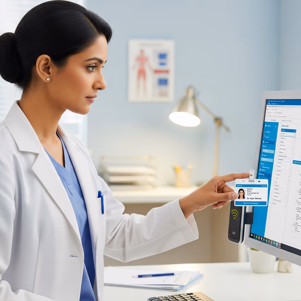 A healthcare worker taps an ID badge on a workstation card reader to access a clinical application, demonstrating secure, passwordless login with Credenti in a medical environment.