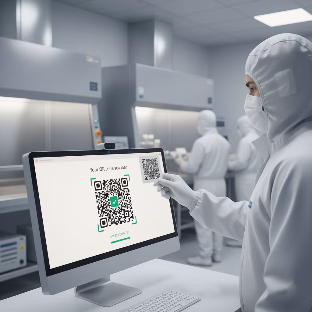 Scientist wearing full cleanroom protective attire scans a QR code badge at a desktop workstation inside a sterile laboratory environment. The workstation displays a QR authentication screen, showing how Credenti QR enables secure, passwordless login without mobile devices, hardware tokens, or typed passwords. This visual highlights a critical use case for labs and cleanrooms where strict contamination protocols prevent phones or external devices from entering or leaving the workspace.