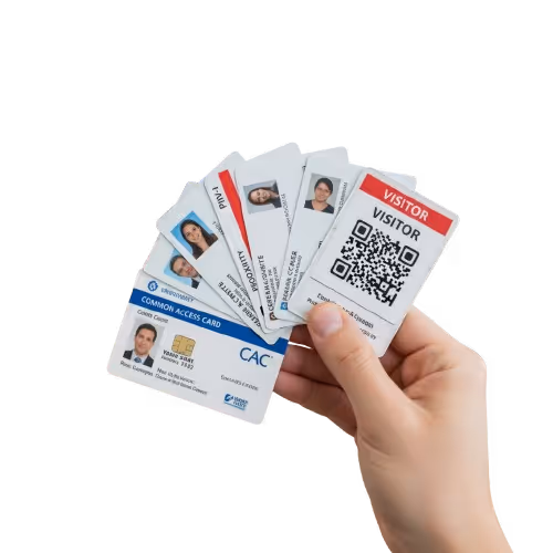 Hand holding a variety of access badges, including CAC, PIV-I, and visitor cards
